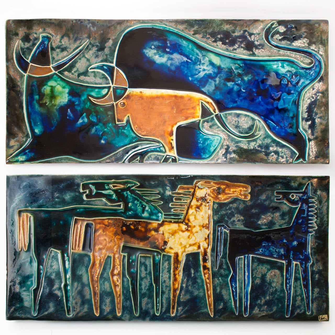 Two large midcentury ceramic wall reliefs by artist Helmut Schäffenacker. One relief depicts three horses, the other is more abstract and has two bulls. Beautifully glazed with jewel like colors. A hanging mechanism is built into each panel.