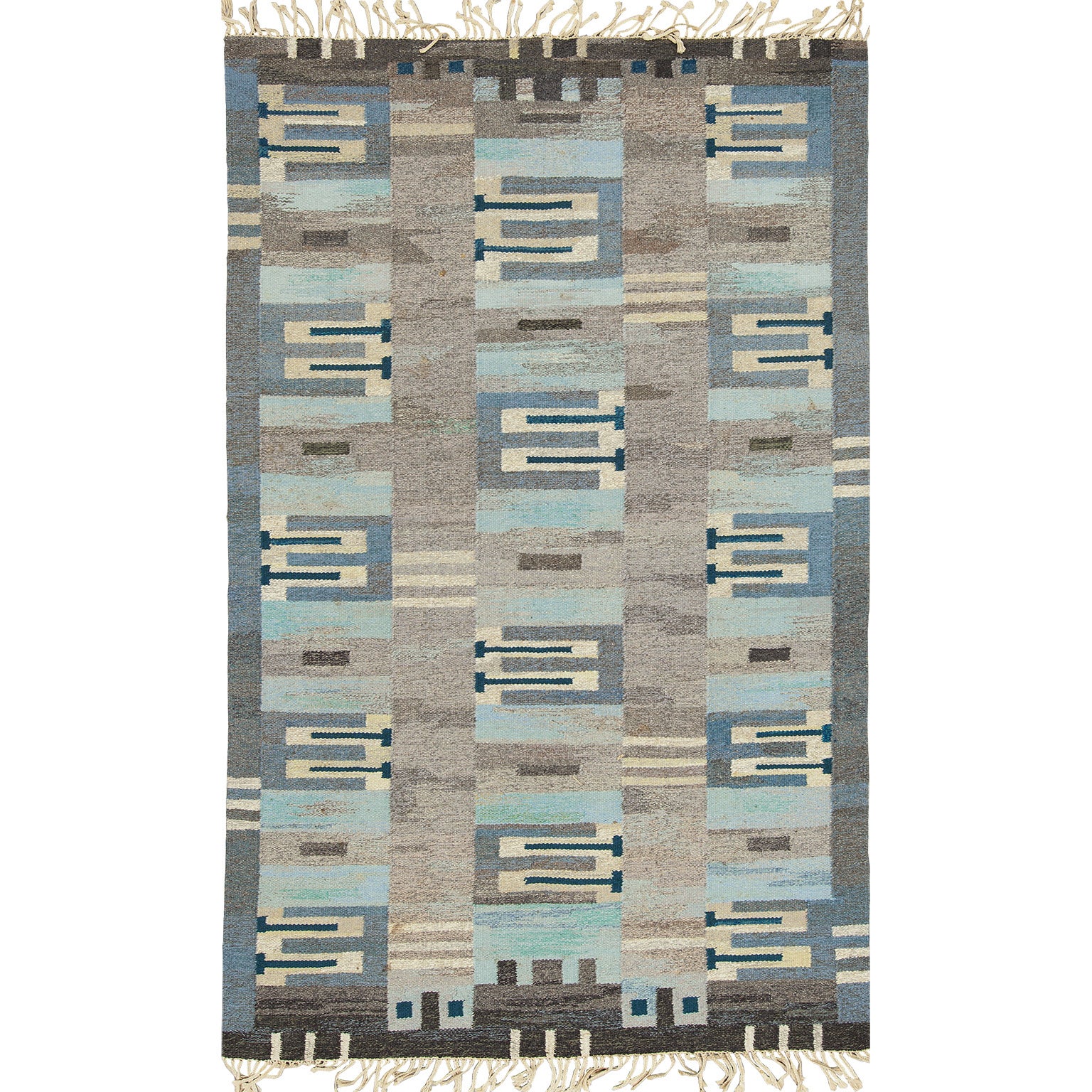 Swedish Art Deco Flat Weave "Rollakan" Rug with a Design in Grays and Blues