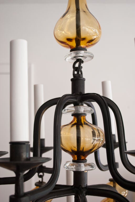 20th Century Beautiful Erik Hoglund glass & iron 12 arm chandelier Boda