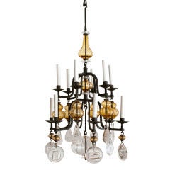 Beautiful Erik Hoglund glass & iron 12 arm chandelier Boda