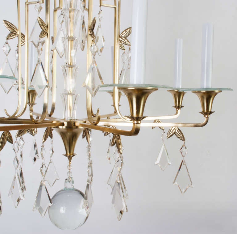Swedish Art Deco Eight-Arm Chandelier in Brass with Crystals In Excellent Condition In New York, NY