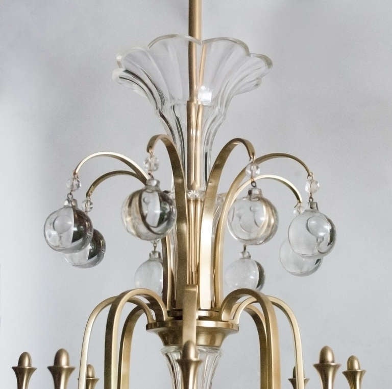 20th Century Swedish Art Deco Eight-Arm Chandelier in Brass with Crystals