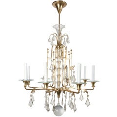 Swedish Art Deco Eight-Arm Chandelier in Brass with Crystals