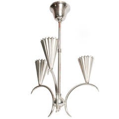 Antique Swedish Art Deco Silver Plated Three-Arm Chandelier with Pleated Cones