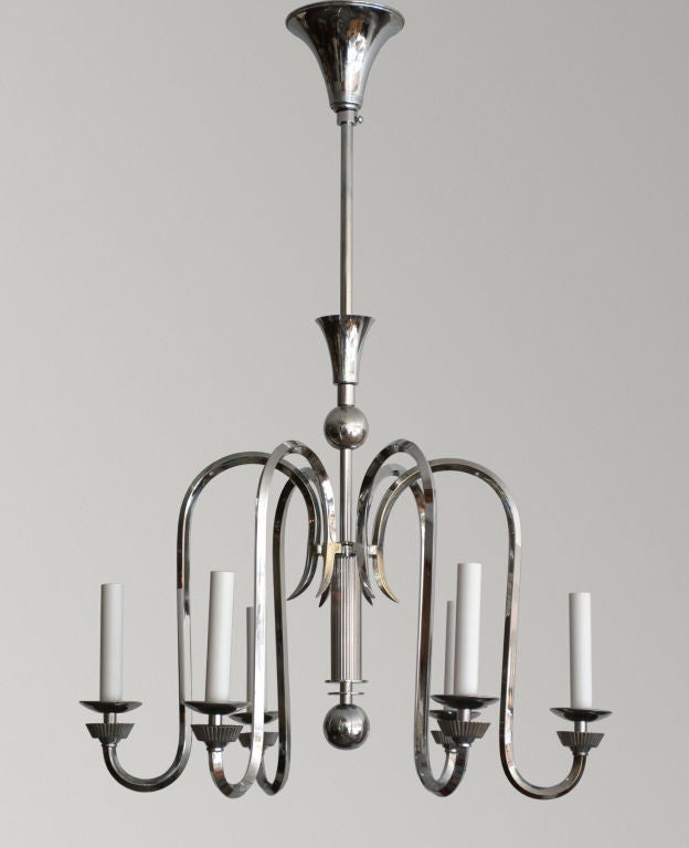 Graceful Danish Art Deco chromed brass 6-arm chandelier. In Good Condition In New York, NY