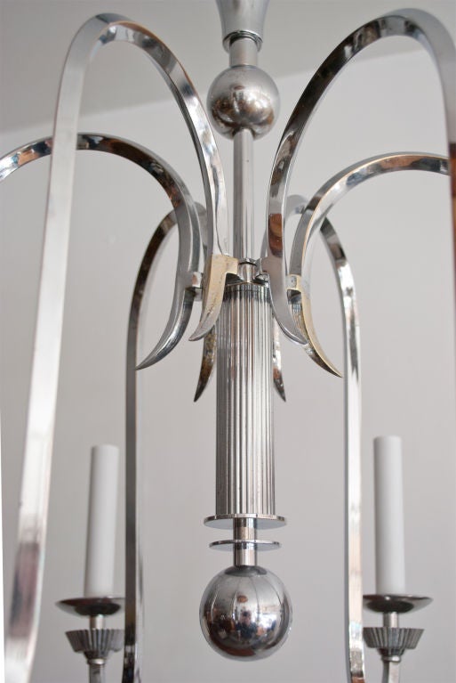 Brass Graceful Danish Art Deco chromed brass 6-arm chandelier.