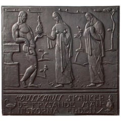 Vintage Swedish Art Deco fireplace plate, "Vulcan gifts fire to man".