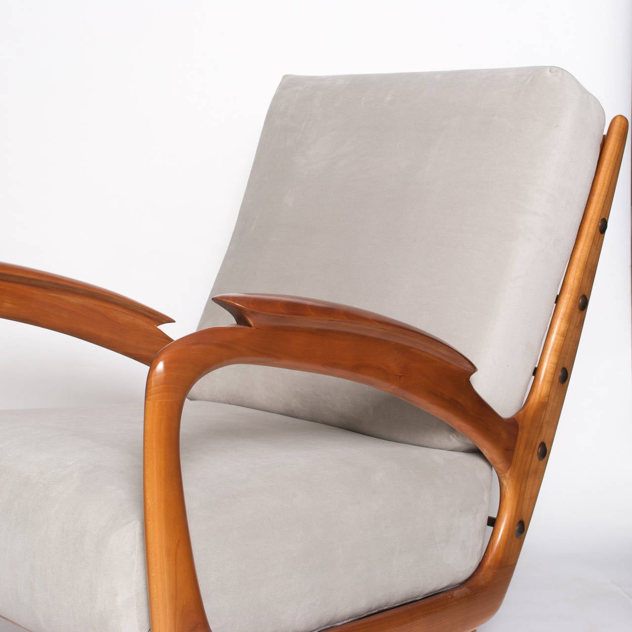 Wood Pair of French Midcentury Armchairs with Carved Armrest