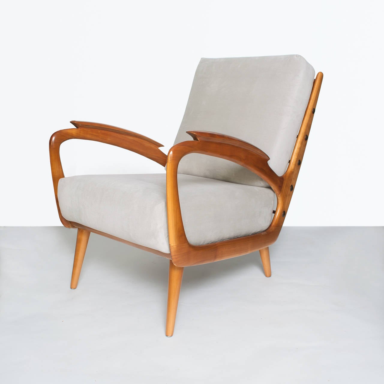 Mid-Century Modern Pair of French Midcentury Armchairs with Carved Armrest