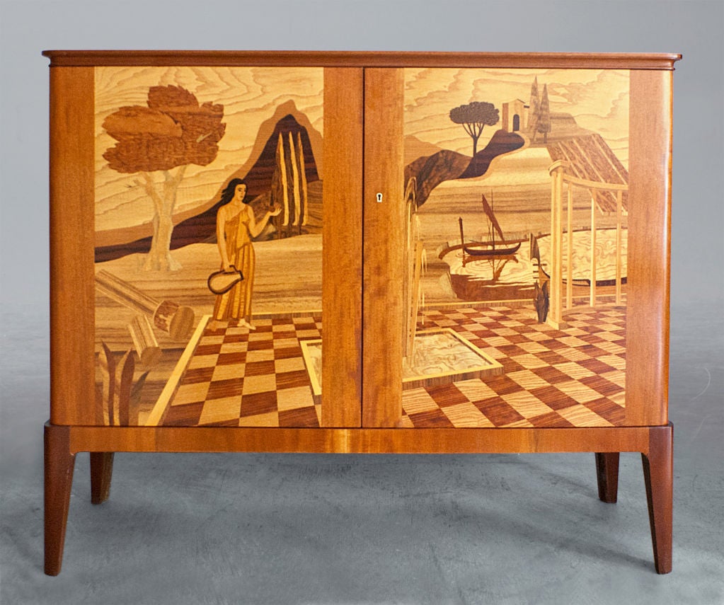 A masterpiece of marquetry, Swedish 1940's 2-door cabinet with Italian landscape scene which includes a piazza, a ship in water, a hilltop villa and a female figure holding pitcher and an apple and pear. Interior includes several drawers and 2