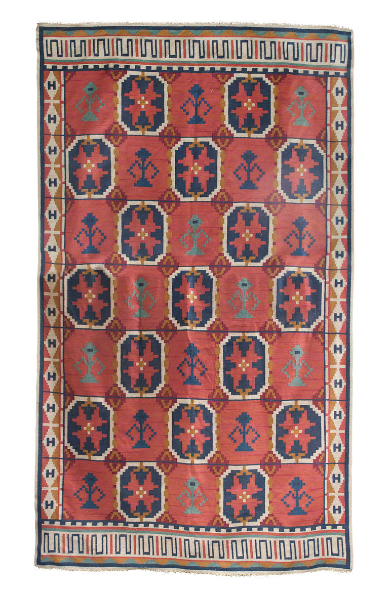 Large Scandinavian Modern wool rug done in the flat-weave or 