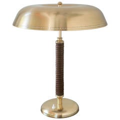 Swedish Mid-cCentury Modern Table Lamp Polished Brass with Leather Stem