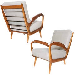 Pair of French Midcentury Armchairs with Carved Armrest
