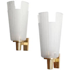 Large Pair of Scandinavian Modern Etched Glass and Brass Sconces Orrefors