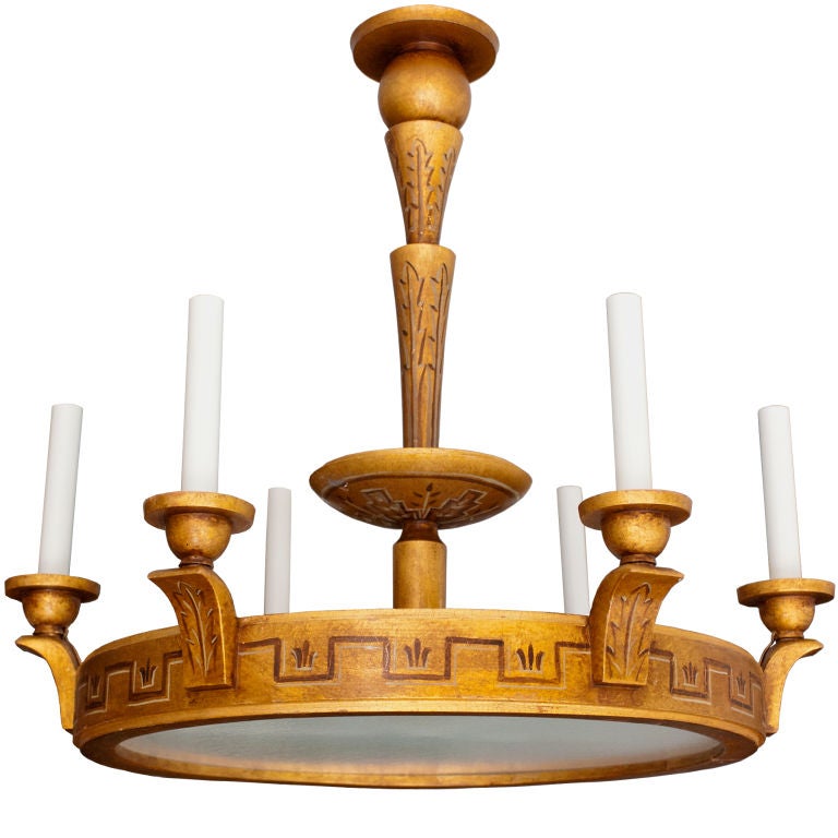 Swedish Art Deco Gold Wood Trompe L'oeil Six-Arm Chandelier