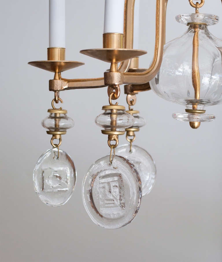 Mid-Century Modern Erik Hoglund gilded wrought iron 6-arm chandelier electrified.