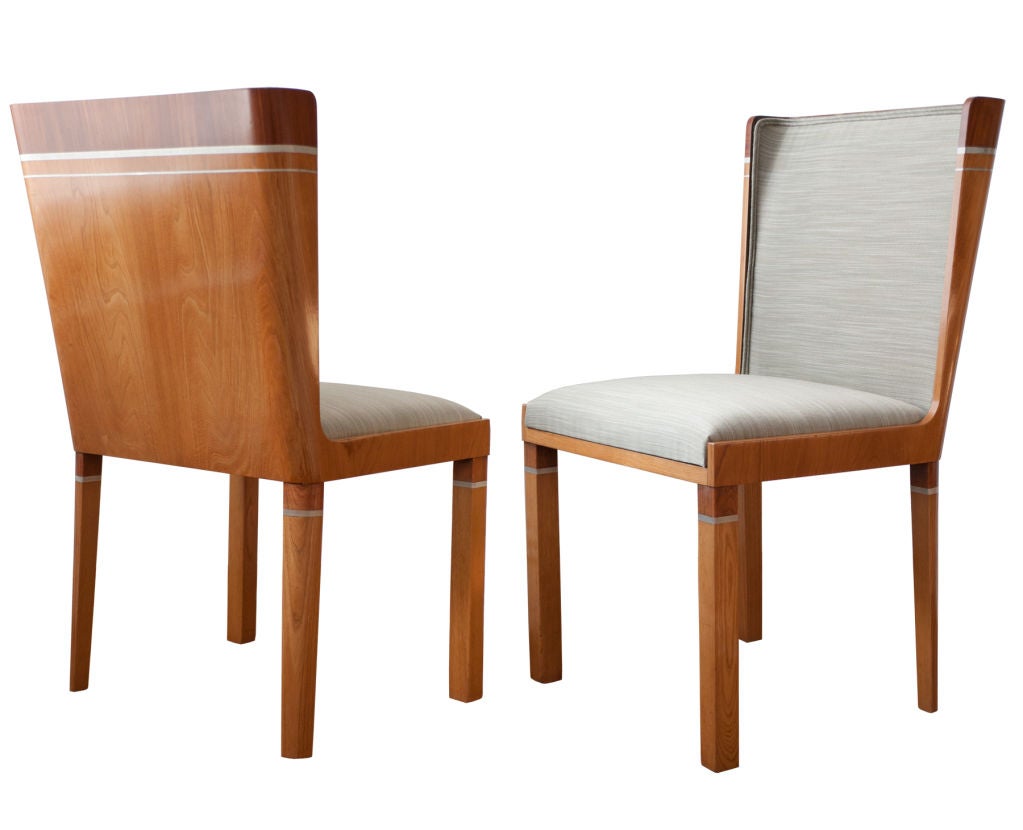 Pair Carl Bergsten dining chairs Swedish Art Deco with pewter.