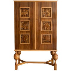 Vintage Swedish Art Deco 2-door cabinet with carved panels Eugen Hoglund