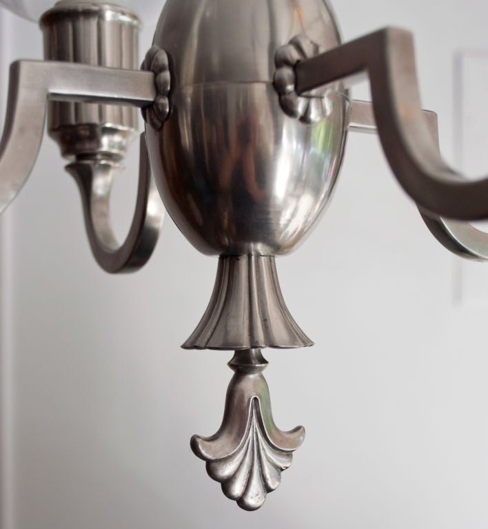Delicate Swedish Art Deco Pewter and Crystal 4-Arm Chandelier 2