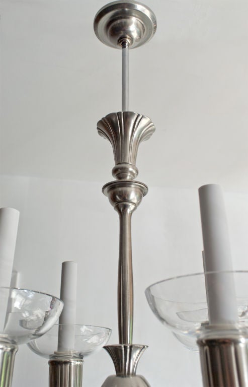 Delicate Swedish Art Deco Pewter and Crystal 4-Arm Chandelier 1