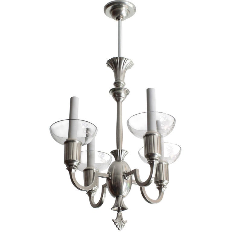 Delicate Swedish Art Deco Pewter and Crystal 4-Arm Chandelier