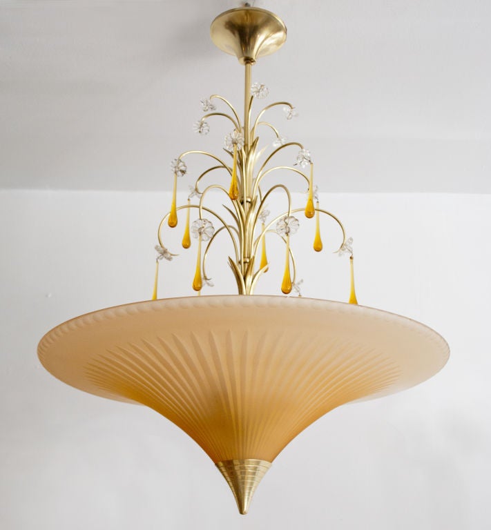 Polished Swedish Art Deco etched glass chandelier by Bohlmarks 1927