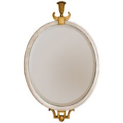 Antique Elegant 1920 Swedish Art Deco gilt and silver oval wood mirror.