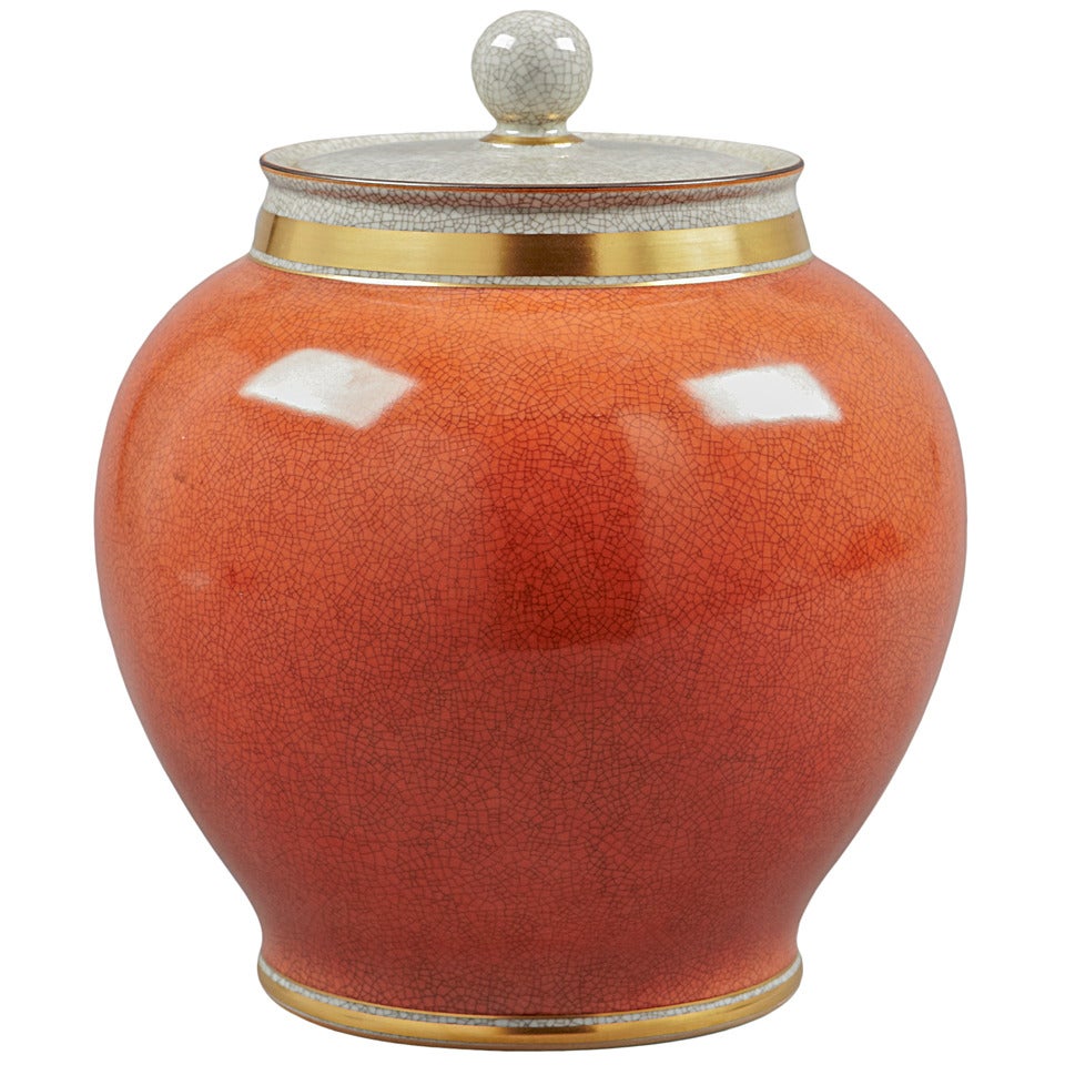 Large Royal Copenhagen Coral Crackle Glaze Vase with Lid