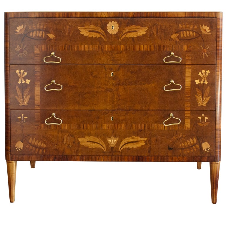 Elegant Swedish Art Deco chest of drawers with floral marquetry