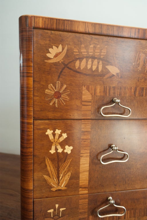 Elegant Swedish Art Deco chest of drawers with floral marquetry 1