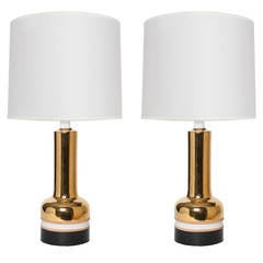 Pair of Scandinavian Modern gold ceramic lamps from Bergboms. 3