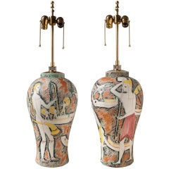 Large pair of mid-century ceramic table lamps by Fantoni, signed.