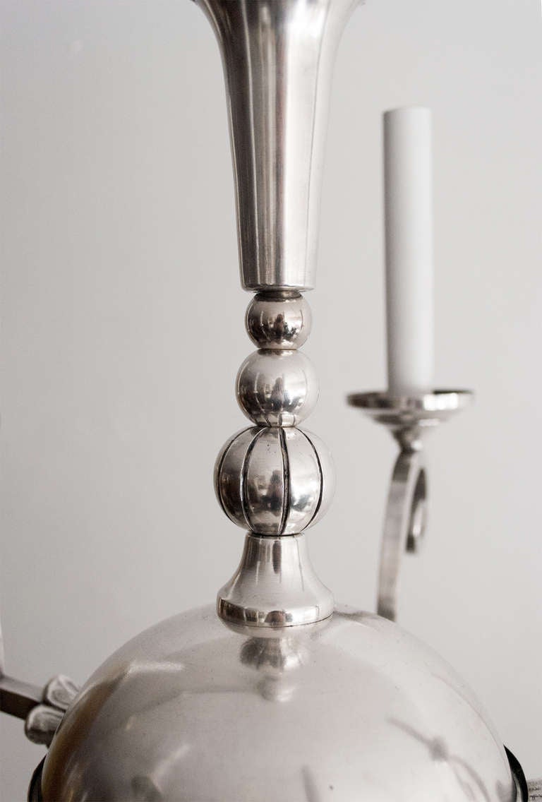 Swedish Art Deco silver-plate 5-arm chandelier attributed to C.G. Hallberg. 1