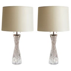Pair of Orrefors, Carl Fagerlund midcentury crystal glass lamps