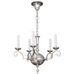 Swedish Art Deco silver-plate 5-arm chandelier attributed to C.G. Hallberg.