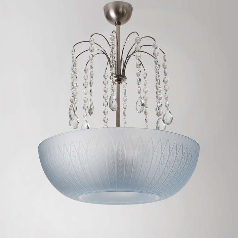 Swedish Art Deco Etched Glass Pendant by Simon Gate for Orrefors