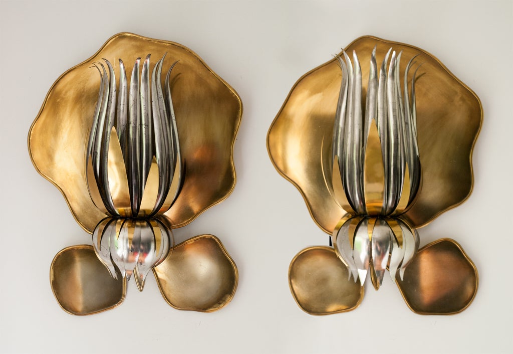 Pair of large French lotus flower wall sconces in brass.