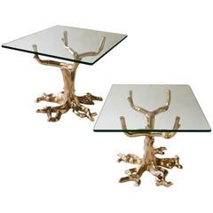 Fabulous Pair of Side Tables of Cast Bronze in Tree Forms, 1970