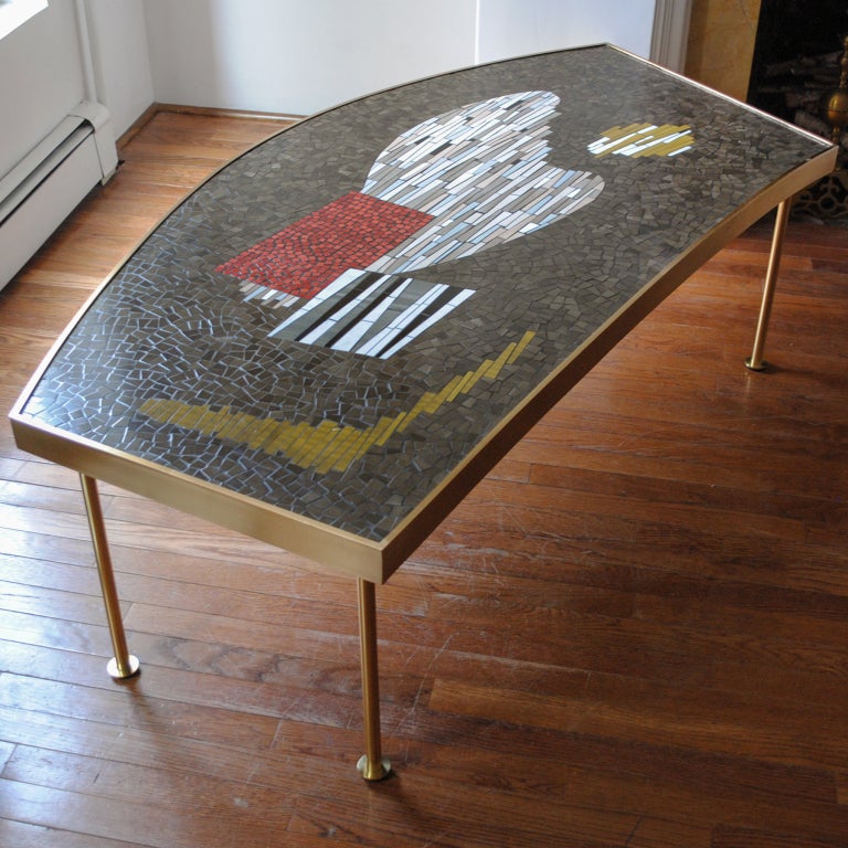 Large mid-century mosaic and brass coffee table abstract design