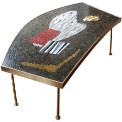 Large mid-century mosaic and brass coffee table abstract design