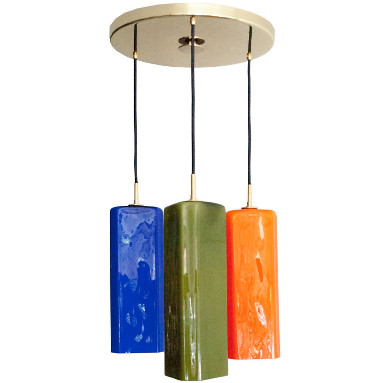 Large Italian Chandelier with Jewel Colored Glass Shades, 1950s
