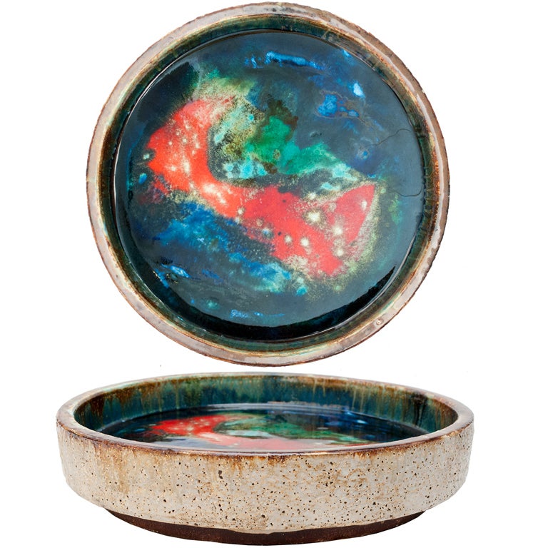 Large mid-century Swedish glazed ceramic studio charger bowl