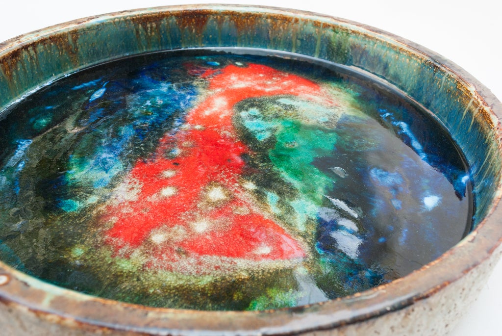 Ceramic Large mid-century Swedish glazed ceramic studio charger bowl