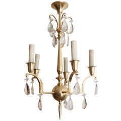 Vintage Swedish Art Deco 5-arm Brass Chandelier With Clear Crystals.