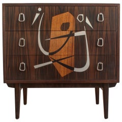 Swedish Mid-century small chest with abstract marquetry in metal