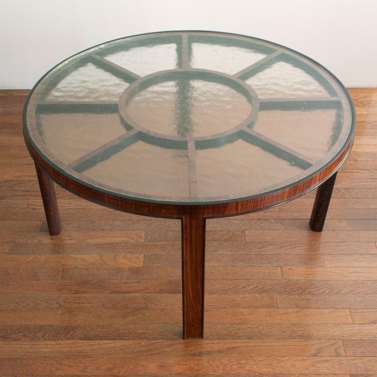 Swedish Art Deco Rosewood Coffee Table Original Textured Glass In Excellent Condition In New York, NY