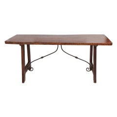 Late 18th Century Walnut Console Table with Curved Iron Trestle Joined by Splayed Legs