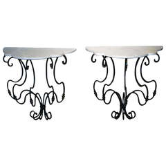 Pair of Late 18th Century Iron Console Tables with Shaped White Marble Tops 4