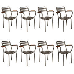 Antique Set of Eight Steel and Wood Dining Chairs