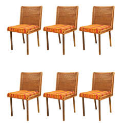 Six Rattan Chairs with Striped Cushions